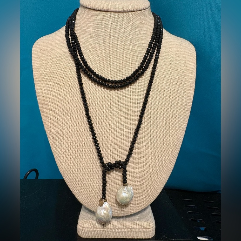 Lucas Lameth Luc lariat necklace victorian revival black crystal beads pearl 60”